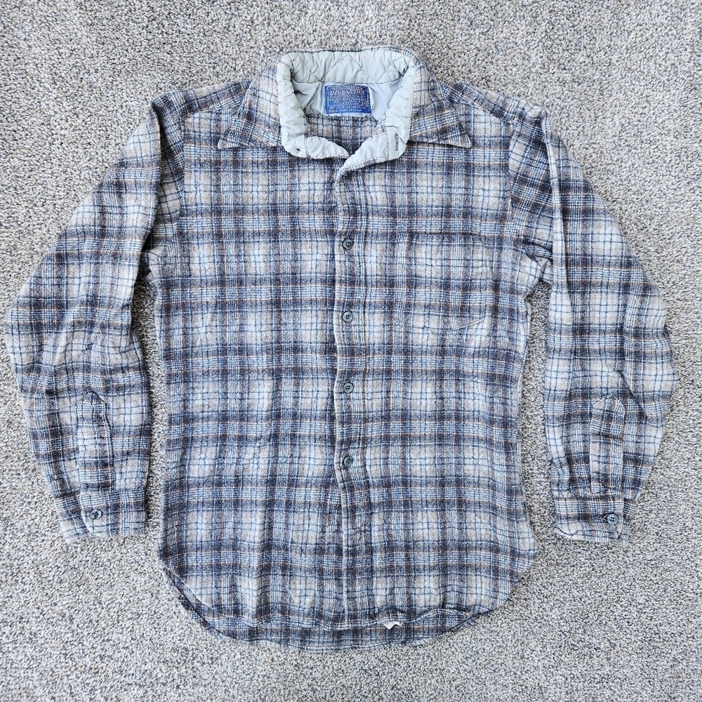 Vintage 1960s Pendleton Board Shirt Blue Gray Plaid Wool Boys Youth Size Medium